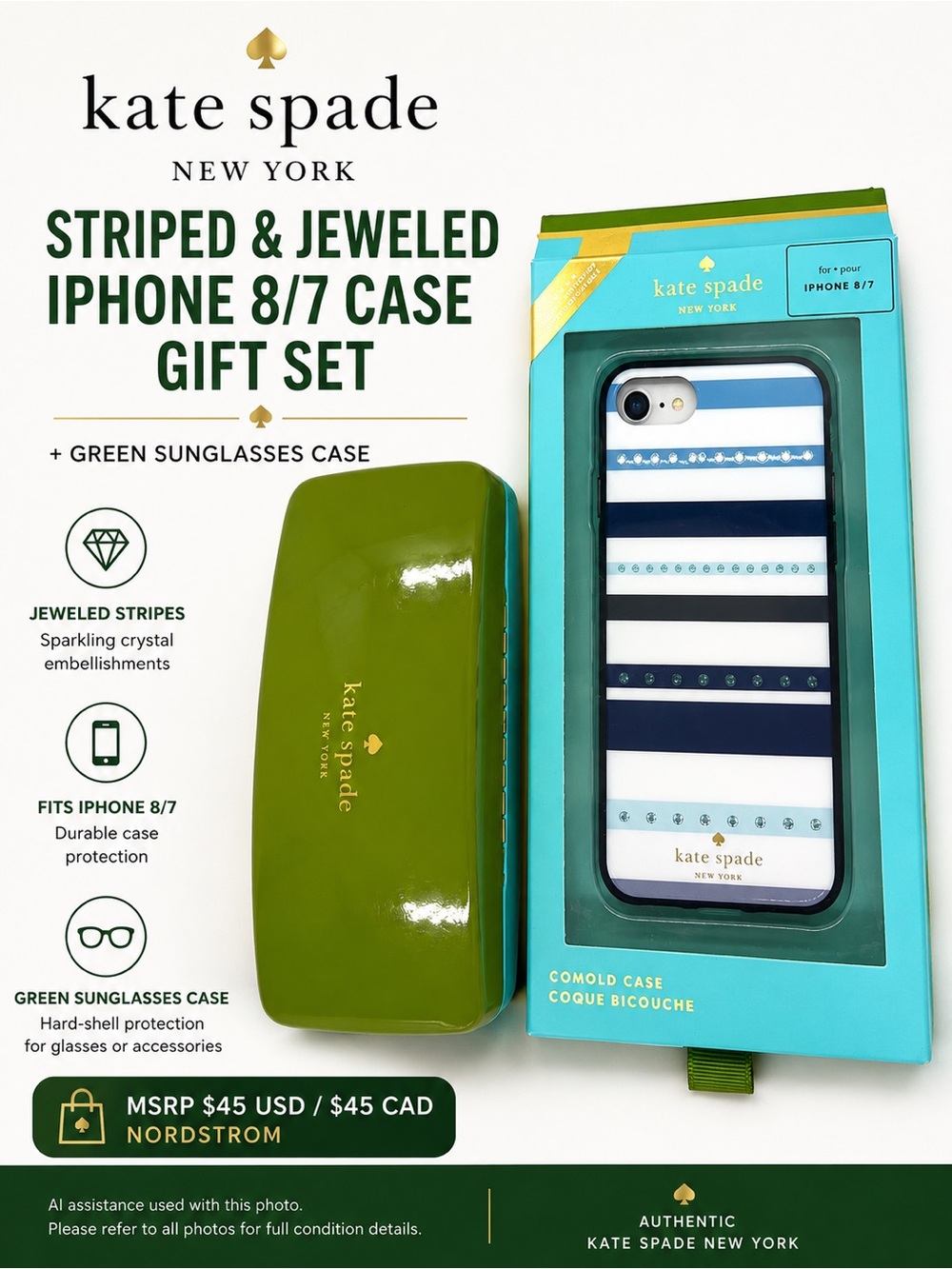 Kate Spade iPhone 8/7 Striped Jeweled Case NWT + Sunglasses Case Bundle